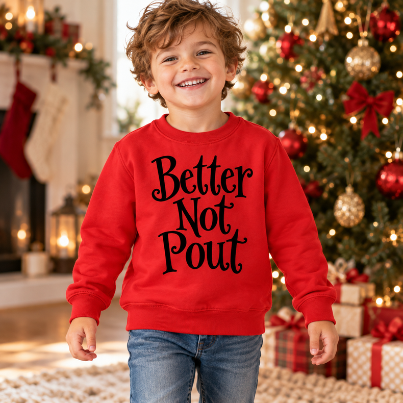 Boy wearing a red Better Not Pout Christmas sweatshirt in a festive Christmas setting