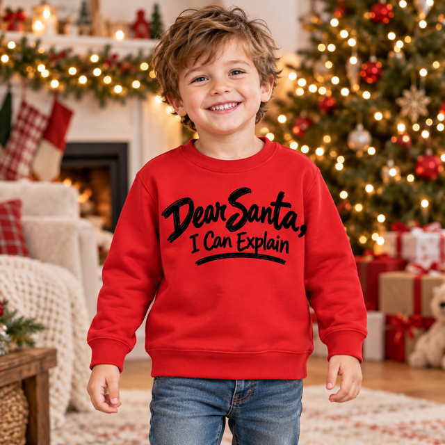 Boy wearing a red Dear Santa I Can Explain sweatshirt in a festive Christmas setting