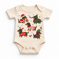 natural baby bodysuit with five dachshunds in Christmas costumes, holly and snowflakes