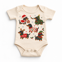 natural baby bodysuit with five dachshunds in Christmas costumes, holly and snowflakes
