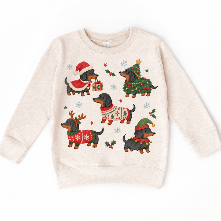 natural sweatshirt with five dachshunds in Christmas costumes, holly and snowflakes