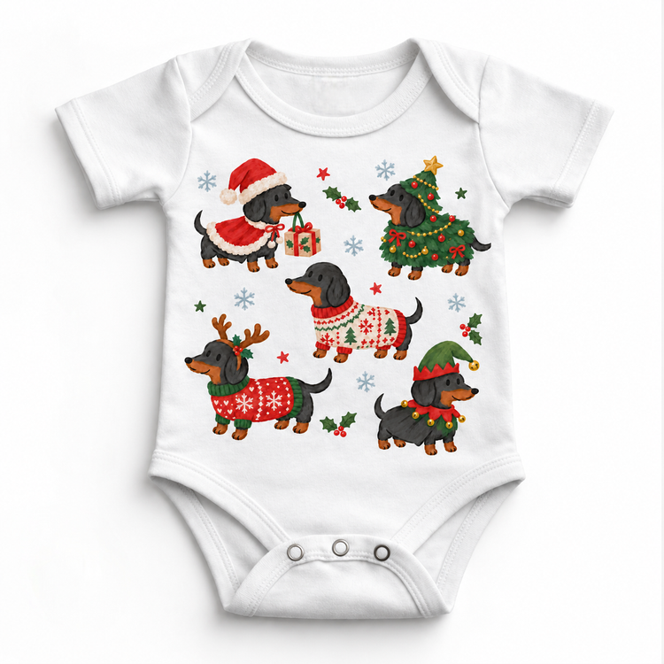 white baby bodysuit with five dachshunds in Christmas costumes, holly and snowflakes