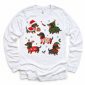 white long sleeve tee with five dachshunds in Christmas costumes, holly and snowflakes