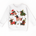 white sweatshirt with five dachshunds in Christmas costumes, holly and snowflakes