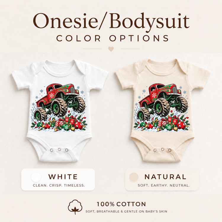 Christmas monster truck design on baby bodysuits