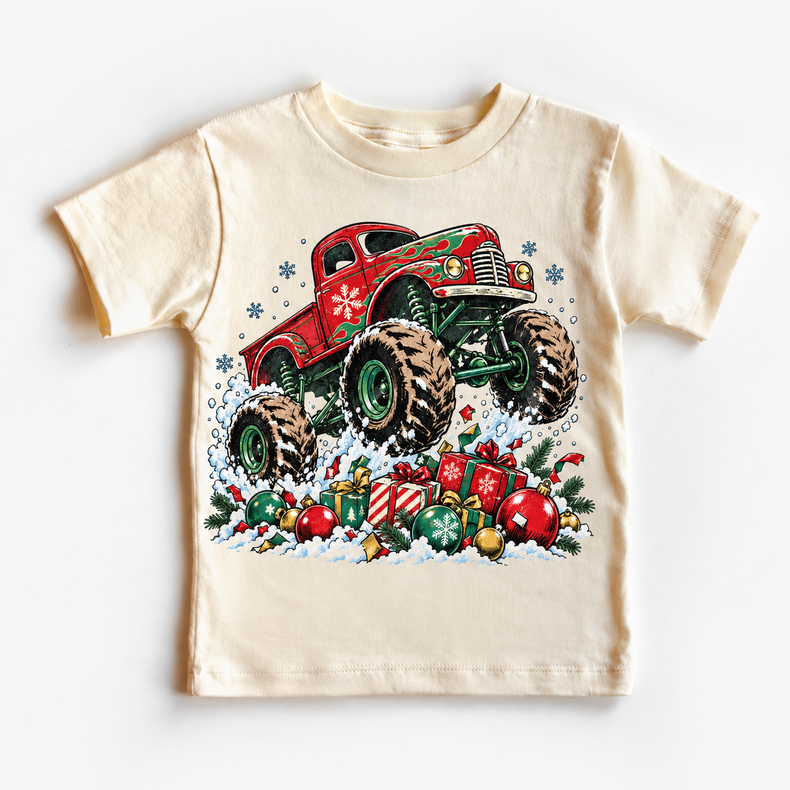 Natural Christmas monster truck T-shirt with red truck, snow and presents