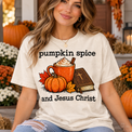 Woman wearing natural Comfort Colors Pumpkin Spice and Jesus Christ Shirt