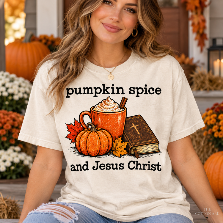 Woman wearing natural Comfort Colors Pumpkin Spice and Jesus Christ Shirt