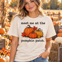 Woman wearing natural Comfort Colors Meet Me at the Pumpkin Patch Shirt