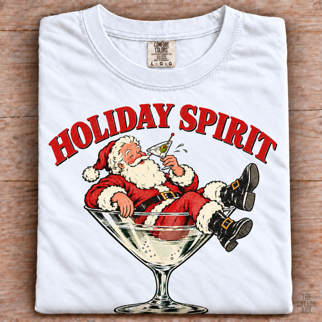 White folded Comfort Colors Holiday Spirit Santa Martini Shirt