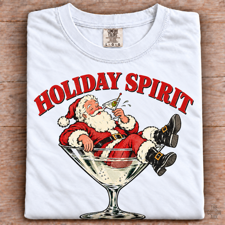 White folded Comfort Colors Holiday Spirit Santa Martini Shirt