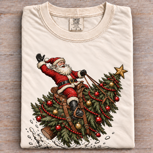 Natural folded Comfort Colors Santa Riding Christmas Tree Shirt