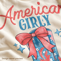 Generated design detail preview of American Girly cowgirl boots and bow artwork; not an actual print-quality photograph