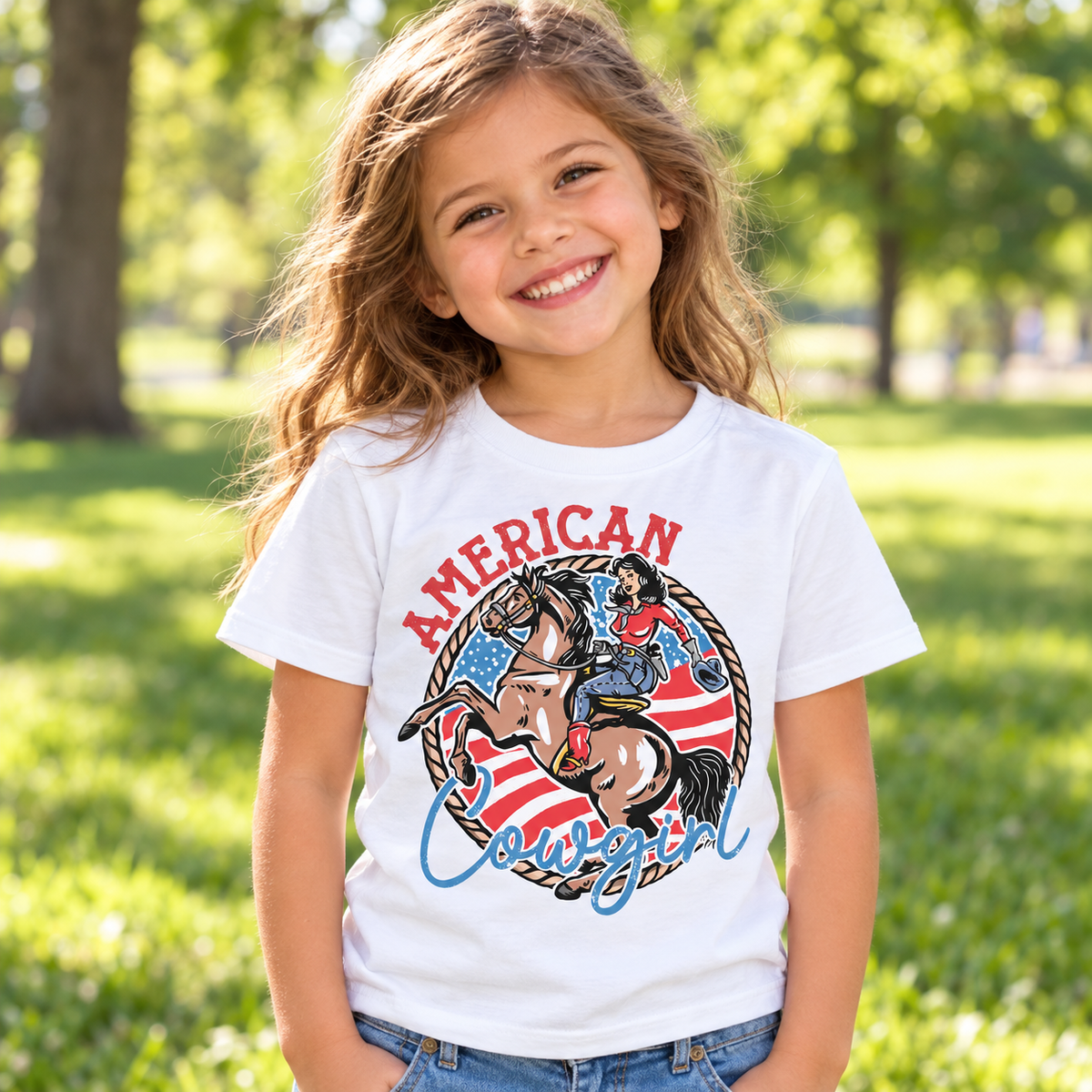 Child wearing a white American Cowgirl Shirt outdoors