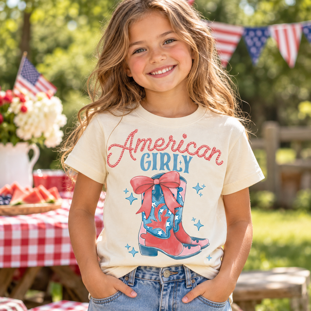 American Girly cowgirl boots and bow tee in Natural, generated lifestyle preview