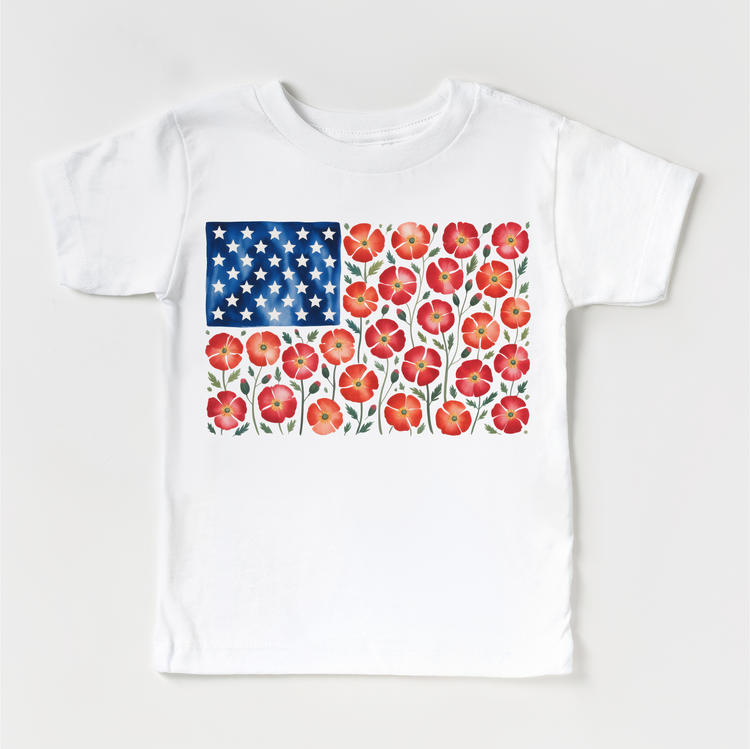 Floral American Flag July 4th Flower Shirt – Patriotic Kids Tee – Red White Blue Flower Shirt – 4th of July Kids Outfit