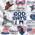 Generated design detail preview of God Says I Am patriotic faith artwork; not an actual print-quality photograph