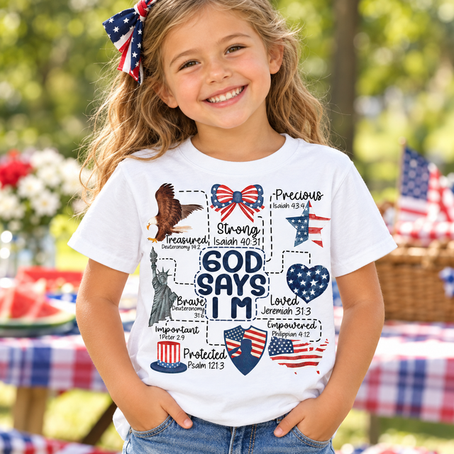 God Says I Am patriotic faith tee in White, generated lifestyle preview