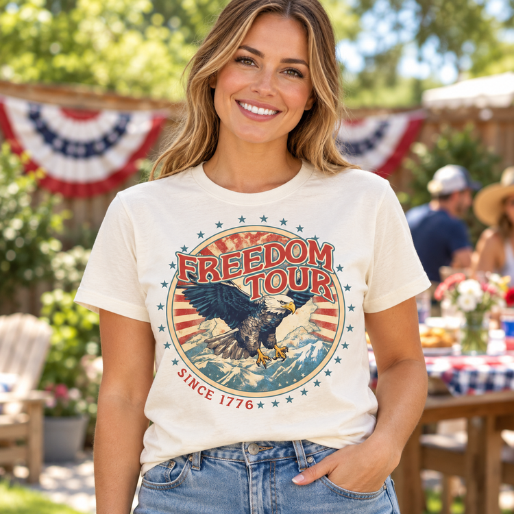 Adult woman wearing Freedom Tour Shirt