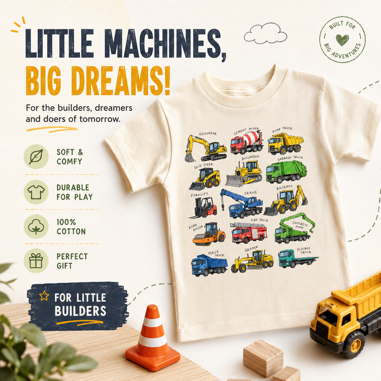 Construction Truck Kids T-Shirt | Vehicle Chart Tee | Educational Truck Shirt | Excavator Dump Truck Tee | Toddler Construction Shirt