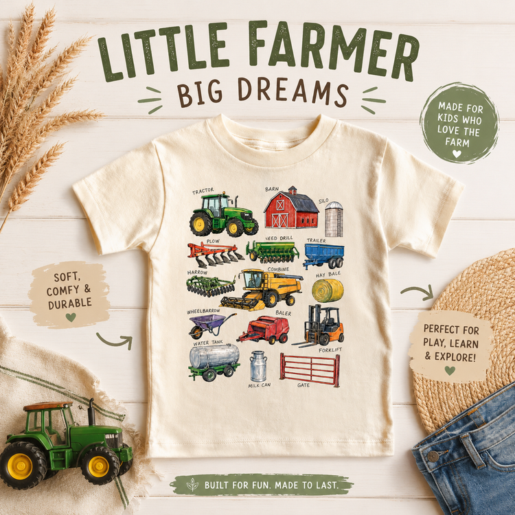 Little Farmer Kids T-Shirt | Farm Equipment Chart Tee | Tractor Shirt for Kids | Educational Farm Shirt | Country Kids Tee