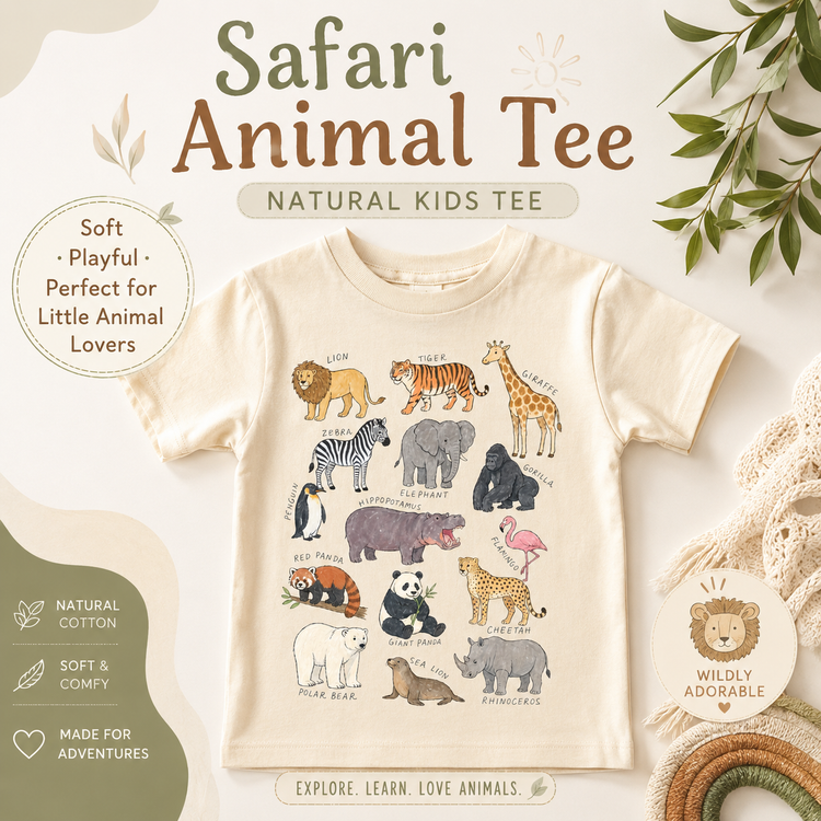 Safari Animal Kids T-Shirt | Natural Cotton Animal Chart Tee | Educational Zoo Animal Shirt | Little Explorer Tee | Kids Nature Shirt