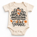 Vintage Plaid Gobble Turkey with Bow graphic on natural bodysuit, front view on white background