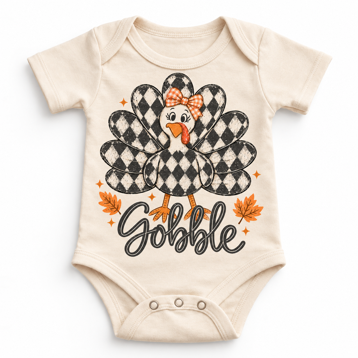 Vintage Plaid Gobble Turkey with Bow graphic on natural bodysuit, front view on white background