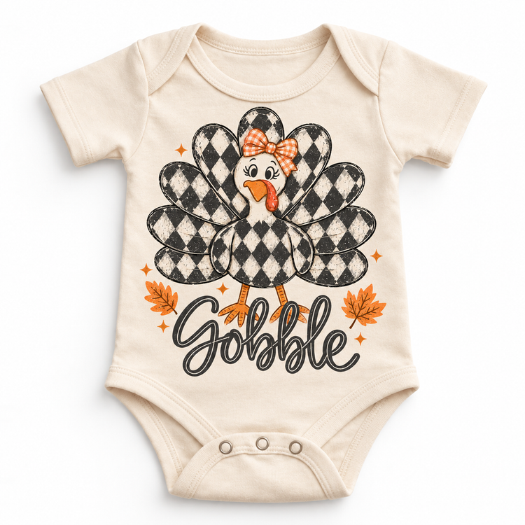 Vintage Plaid Gobble Turkey with Bow graphic on natural bodysuit, front view on white background