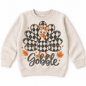 Vintage Plaid Gobble Turkey with Bow graphic on natural sweatshirt, front view on white background