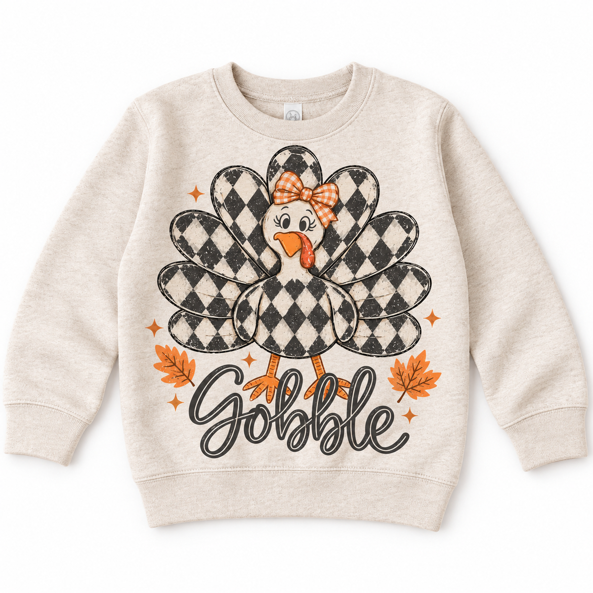 Vintage Plaid Gobble Turkey with Bow graphic on natural sweatshirt, front view on white background