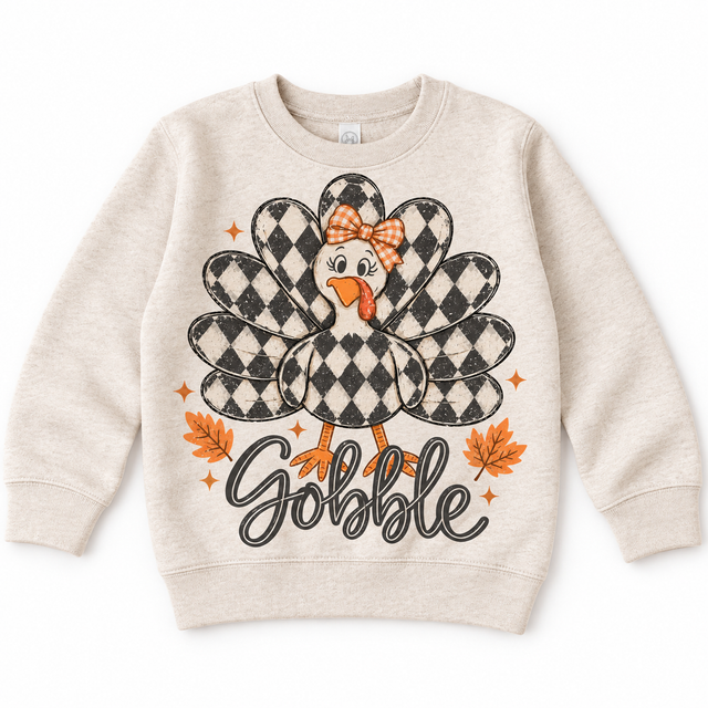 Vintage Plaid Gobble Turkey with Bow graphic on natural sweatshirt, front view on white background
