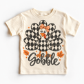 Vintage Plaid Gobble Turkey with Bow graphic on natural tee, front view on white background