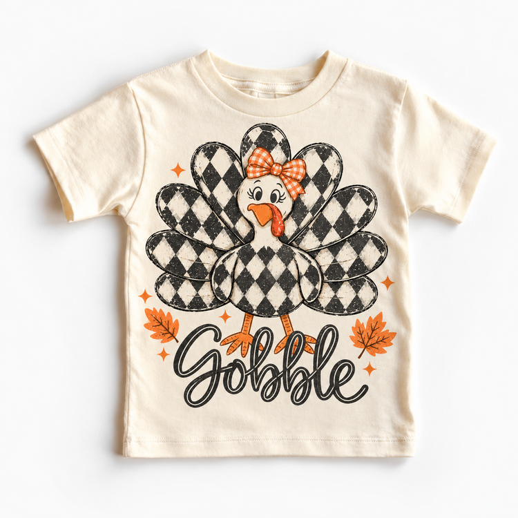 Vintage Plaid Gobble Turkey with Bow graphic on natural tee, front view on white background