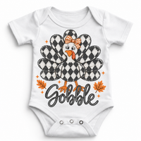 Vintage Plaid Gobble Turkey with Bow graphic on white bodysuit, front view on white background
