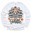 Vintage Plaid Gobble Turkey with Bow graphic on white long sleeve tee, front view on white background