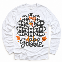 Vintage Plaid Gobble Turkey with Bow graphic on white long sleeve tee, front view on white background