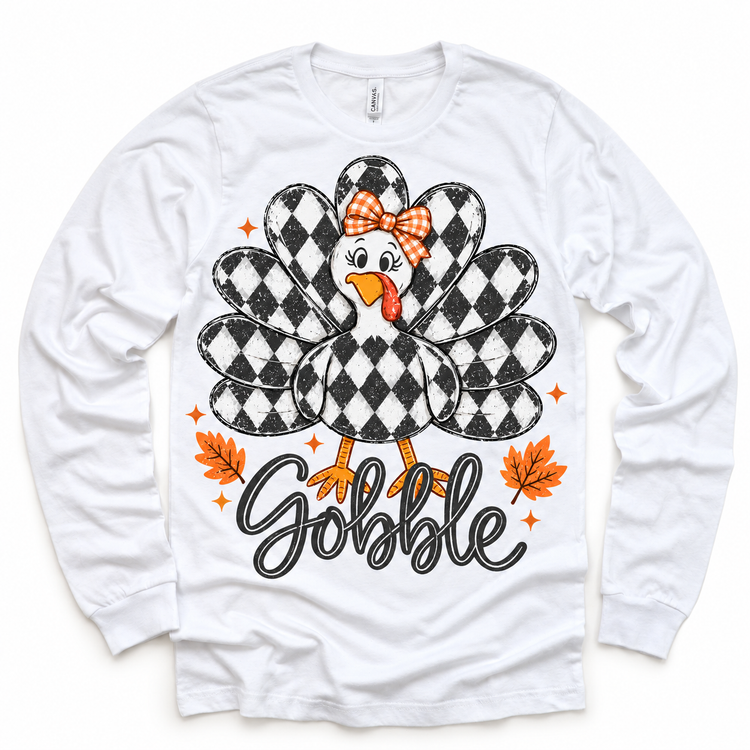 Vintage Plaid Gobble Turkey with Bow graphic on white long sleeve tee, front view on white background