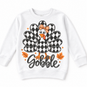 Vintage Plaid Gobble Turkey with Bow graphic on white sweatshirt, front view on white background