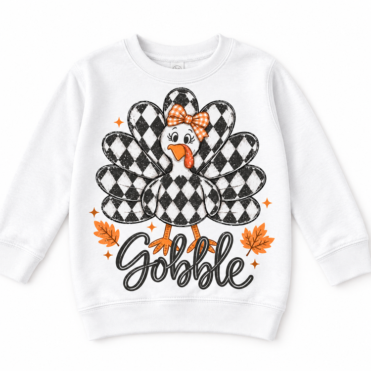 Vintage Plaid Gobble Turkey with Bow graphic on white sweatshirt, front view on white background