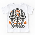 Vintage Plaid Gobble Turkey with Bow graphic on white tee, front view on white background