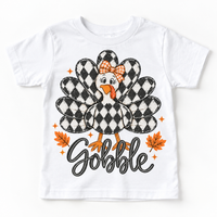 Vintage Plaid Gobble Turkey with Bow graphic on white tee, front view on white background