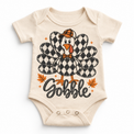 Vintage Plaid Gobble Turkey with Cap graphic on natural bodysuit, front view on white background