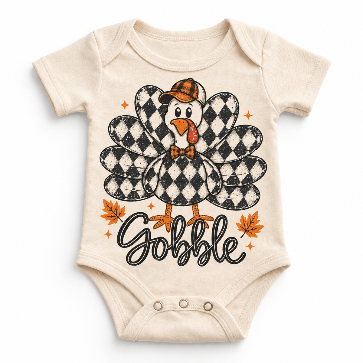Vintage Plaid Gobble Turkey with Cap graphic on natural bodysuit, front view on white background