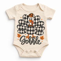 Vintage Plaid Gobble Turkey with Cap graphic on natural bodysuit, front view on white background
