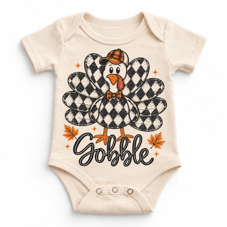 Vintage Plaid Gobble Turkey with Cap graphic on natural bodysuit, front view on white background