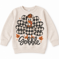Vintage Plaid Gobble Turkey with Cap graphic on natural sweatshirt, front view on white background