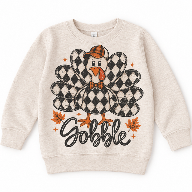 Vintage Plaid Gobble Turkey with Cap graphic on natural sweatshirt, front view on white background