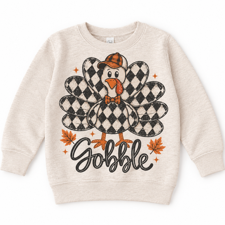 Vintage Plaid Gobble Turkey with Cap graphic on natural sweatshirt, front view on white background