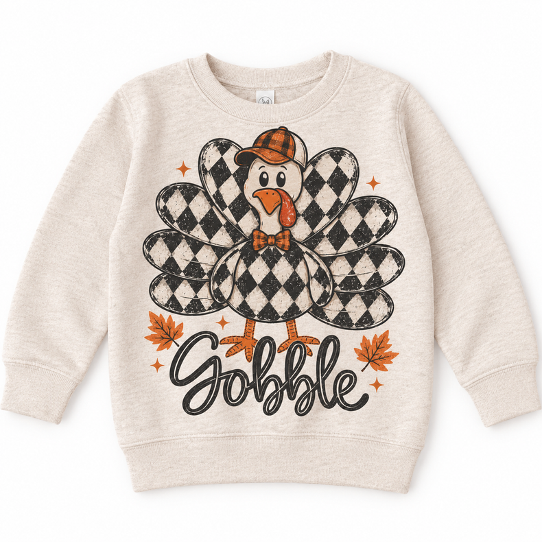 Vintage Plaid Gobble Turkey with Cap graphic on natural sweatshirt, front view on white background